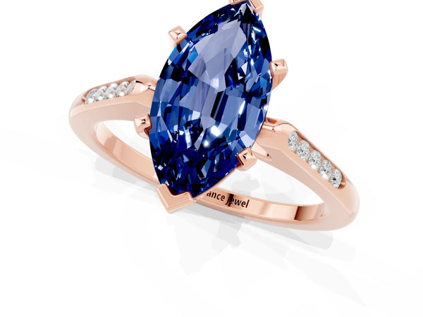Rose gold Marquise Cut Blue Sapphire Solitaire Ring with Channel Set Round Band and Prong Setting