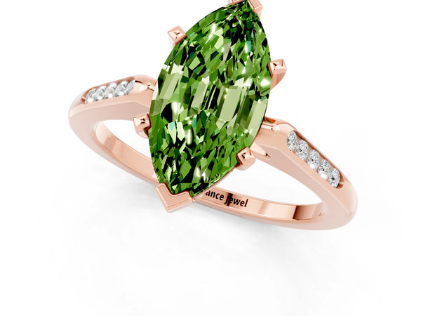 Rose gold Marquise Cut Peridot Solitaire Ring with Channel Set Round Band and Prong Setting