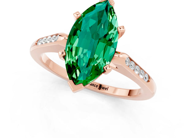 Rose gold Marquise Cut Emerald Solitaire Ring with Channel Set Round Band and Prong Setting