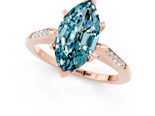 Rose gold Marquise Cut Blue Topaz Solitaire Ring with Channel Set Round Band and Prong Setting