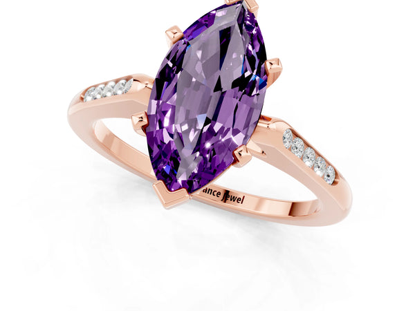 Rose gold Marquise Cut Amethyst Solitaire Ring with Channel Set Round Band and Prong Setting