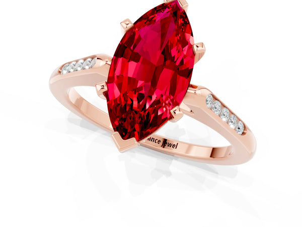 Rose gold Marquise Cut Ruby Solitaire Ring with Channel Set Round Band and Prong Setting