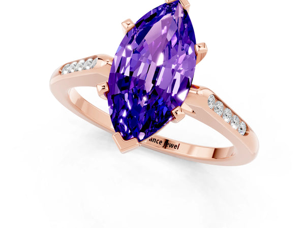 Rose gold Marquise Cut Tanzanite Solitaire Ring with Channel Set Round Band and Prong Setting