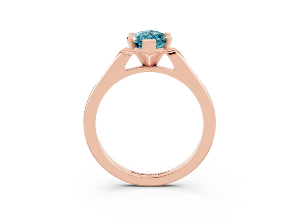 Rose gold Marquise Cut Blue Topaz Solitaire Ring with Channel Set Round Band and Prong Setting