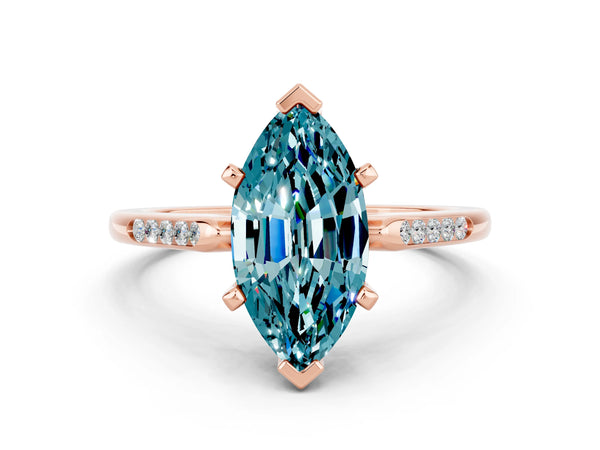 Rose gold Marquise Cut Blue Topaz Solitaire Ring with Channel Set Round Band and Prong Setting