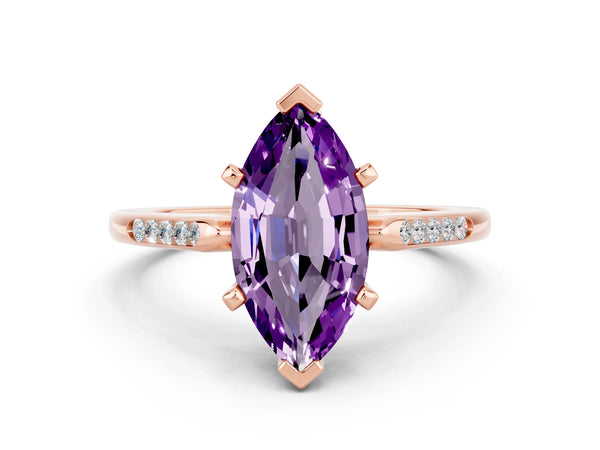Rose gold Marquise Cut Amethyst Solitaire Ring with Channel Set Round Band and Prong Setting