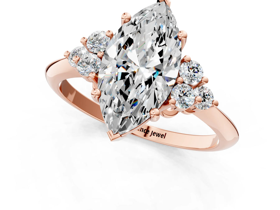 Rose gold Marquise Cut Cut Diamond Cluster Ring with Solitaire Band and Four-Prong Setting