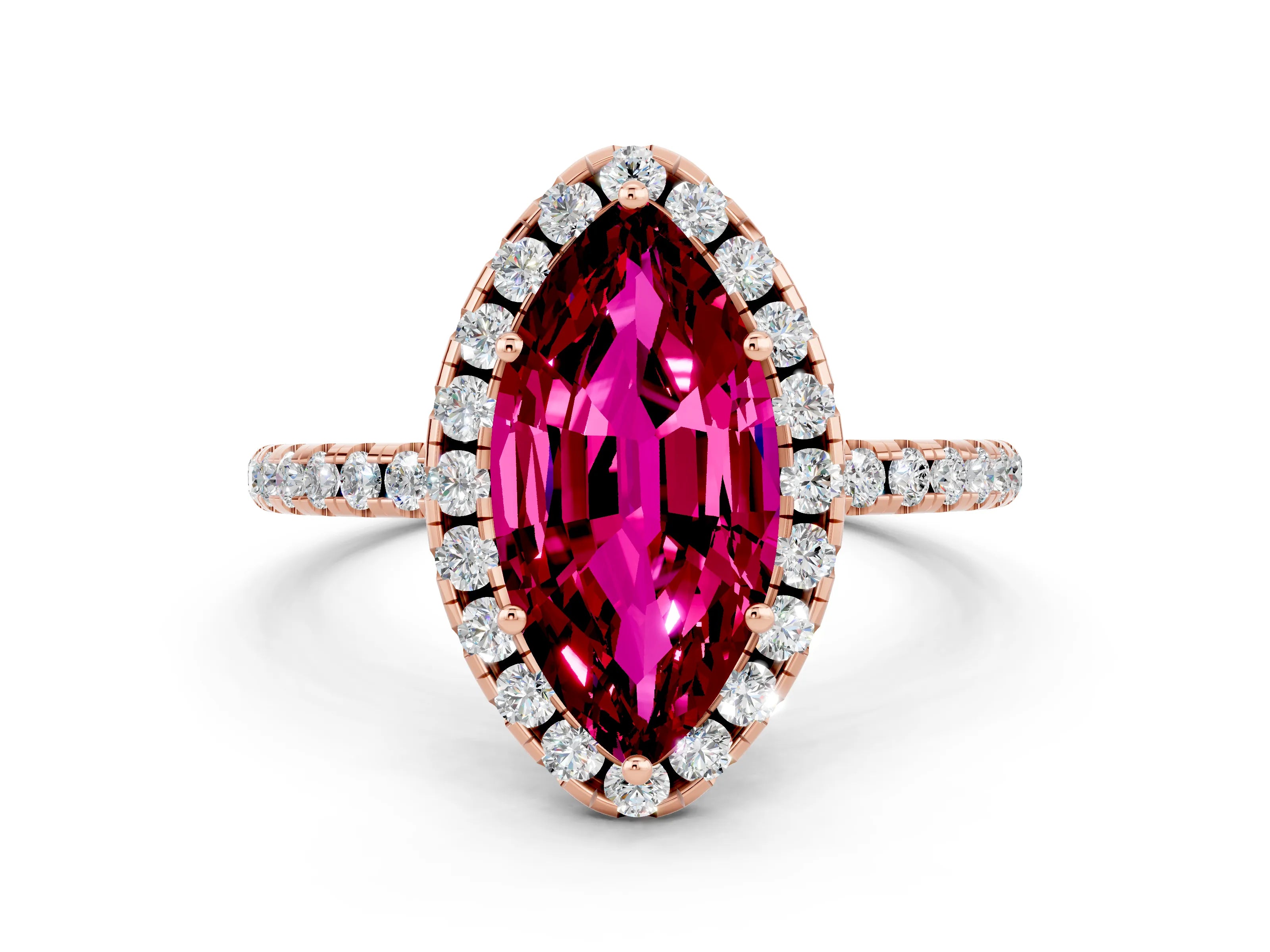 Rose gold Marquise Cut Cut Diamond Floral Halo Engagement Ring with Pavé Band and Prong Setting