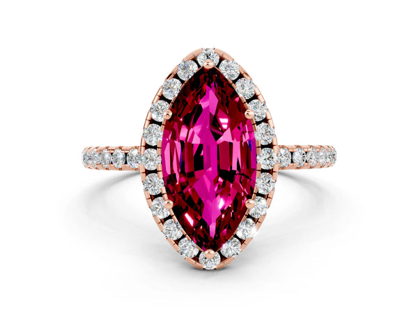Rose gold Marquise Cut Garnet Halo Engagement Ring with Round Pavé Band and Prong Setting