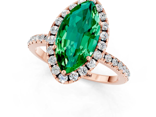Rose gold Marquise Cut Emerald Halo Engagement Ring with Round Pavé Band and Prong Setting