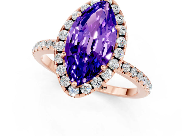 Rose gold Marquise Cut Tanzanite Halo Engagement Ring with Round Pavé Band and Prong Setting