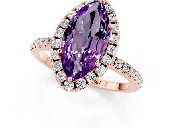 Rose gold Marquise Cut Amethyst Halo Engagement Ring with Round Pavé Band and Prong Setting