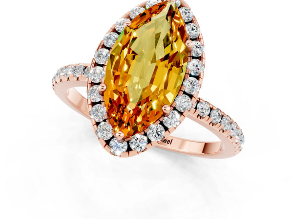 Rose gold Marquise Cut Citrine Halo Engagement Ring with Round Pavé Band and Prong Setting