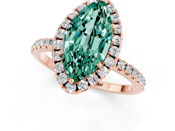 Rose gold Marquise Cut Green Sapphire Halo Engagement Ring with Round Pavé Band and Prong Setting