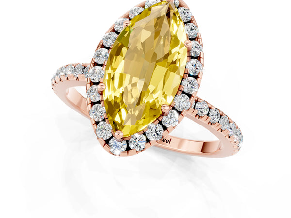 Rose gold Marquise Cut Yellow Sapphire Halo Engagement Ring with Round Pavé Band and Prong Setting