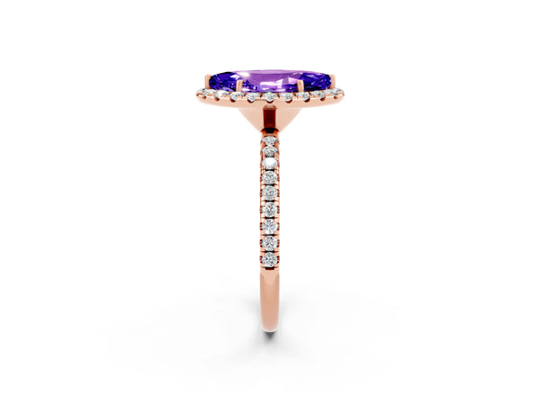 Rose gold Marquise Cut Tanzanite Halo Engagement Ring with Round Pavé Band and Prong Setting