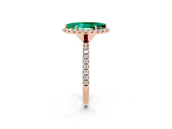 Rose gold Marquise Cut Emerald Halo Engagement Ring with Round Pavé Band and Prong Setting