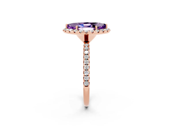 Rose gold Marquise Cut Amethyst Halo Engagement Ring with Round Pavé Band and Prong Setting