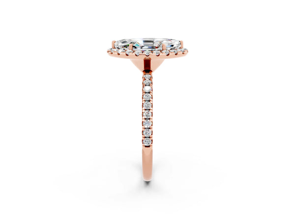 Rose gold Marquise Cut Moissanite Halo Engagement Ring with Round Pavé Band and Prong Setting