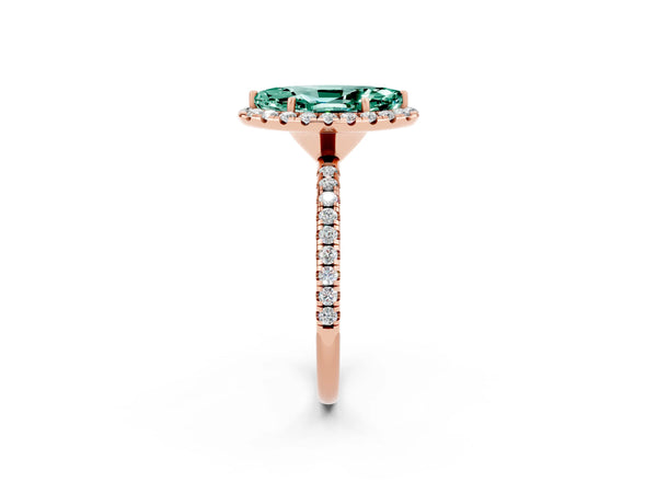 Rose gold Marquise Cut Green Sapphire Halo Engagement Ring with Round Pavé Band and Prong Setting