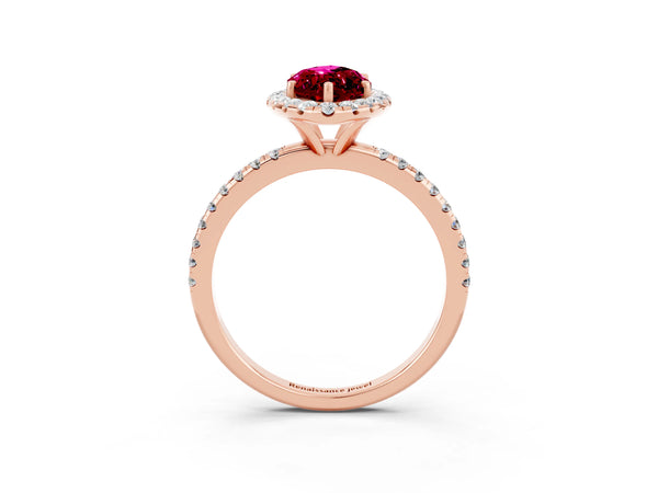 Rose gold Marquise Cut Garnet Halo Engagement Ring with Round Pavé Band and Prong Setting