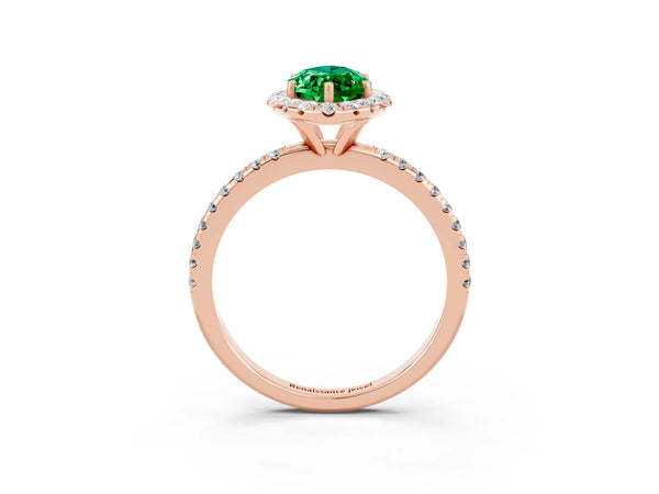 Rose gold Marquise Cut Emerald Halo Engagement Ring with Round Pavé Band and Prong Setting
