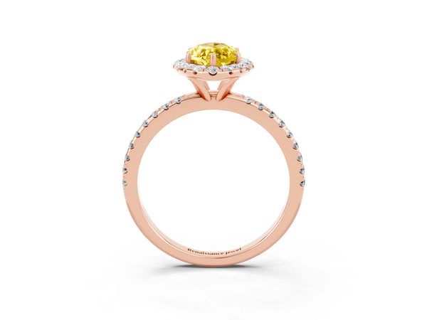 Rose gold Marquise Cut Yellow Sapphire Halo Engagement Ring with Round Pavé Band and Prong Setting