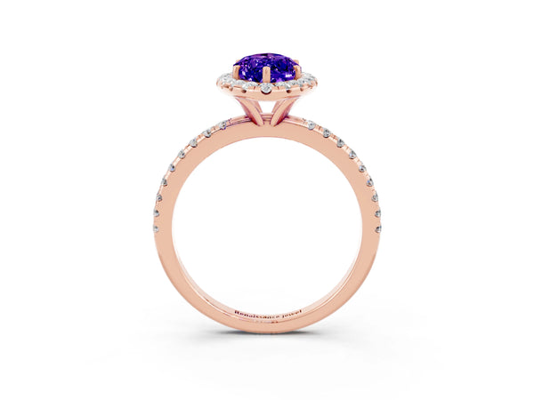 Rose gold Marquise Cut Tanzanite Halo Engagement Ring with Round Pavé Band and Prong Setting