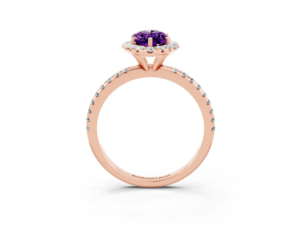 Rose gold Marquise Cut Amethyst Halo Engagement Ring with Round Pavé Band and Prong Setting