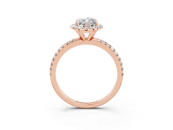 Rose gold Marquise Cut Moissanite Halo Engagement Ring with Round Pavé Band and Prong Setting
