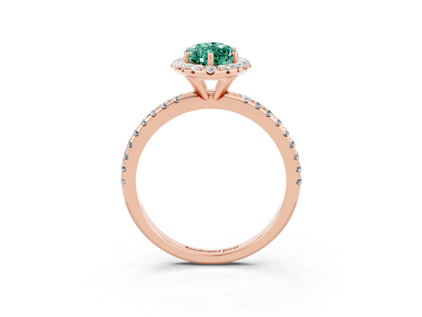 Rose gold Marquise Cut Green Sapphire Halo Engagement Ring with Round Pavé Band and Prong Setting