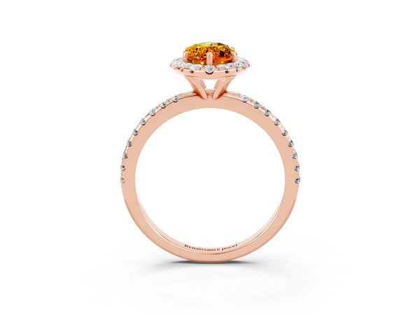 Rose gold Marquise Cut Citrine Halo Engagement Ring with Round Pavé Band and Prong Setting