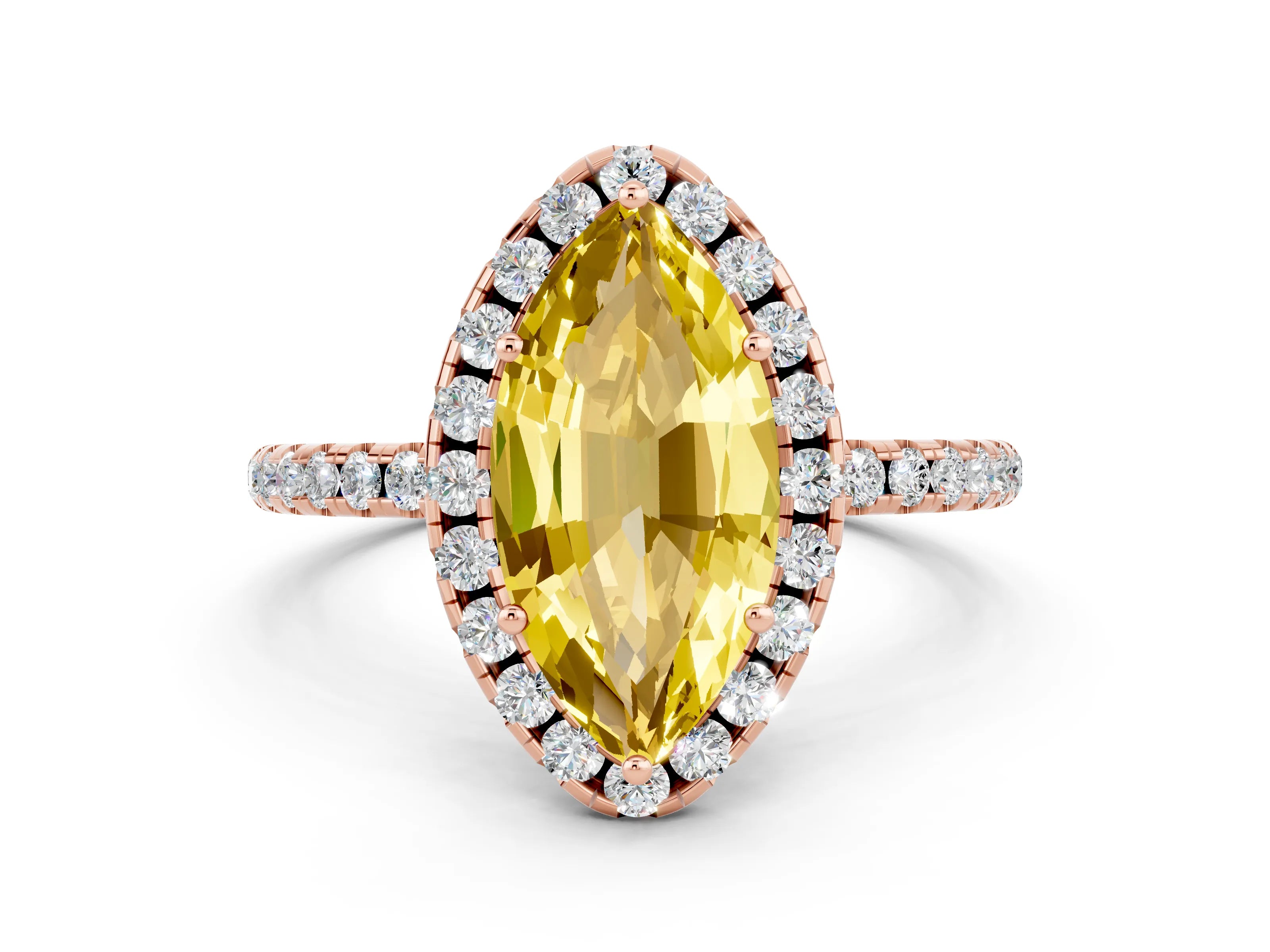 Rose gold Marquise Cut Cut Diamond Floral Halo Engagement Ring with Pavé Band and Prong Setting
