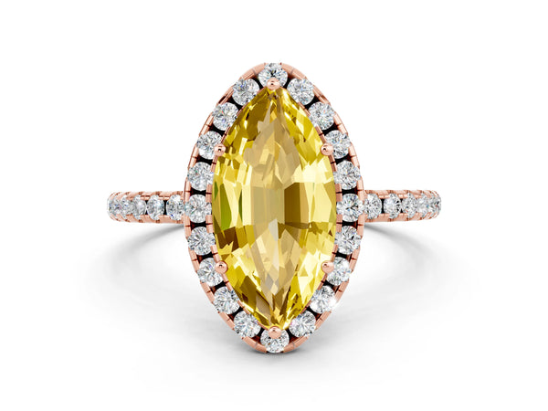 Rose gold Marquise Cut Yellow Sapphire Halo Engagement Ring with Round Pavé Band and Prong Setting