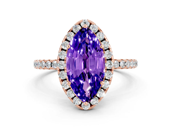 Rose gold Marquise Cut Tanzanite Halo Engagement Ring with Round Pavé Band and Prong Setting