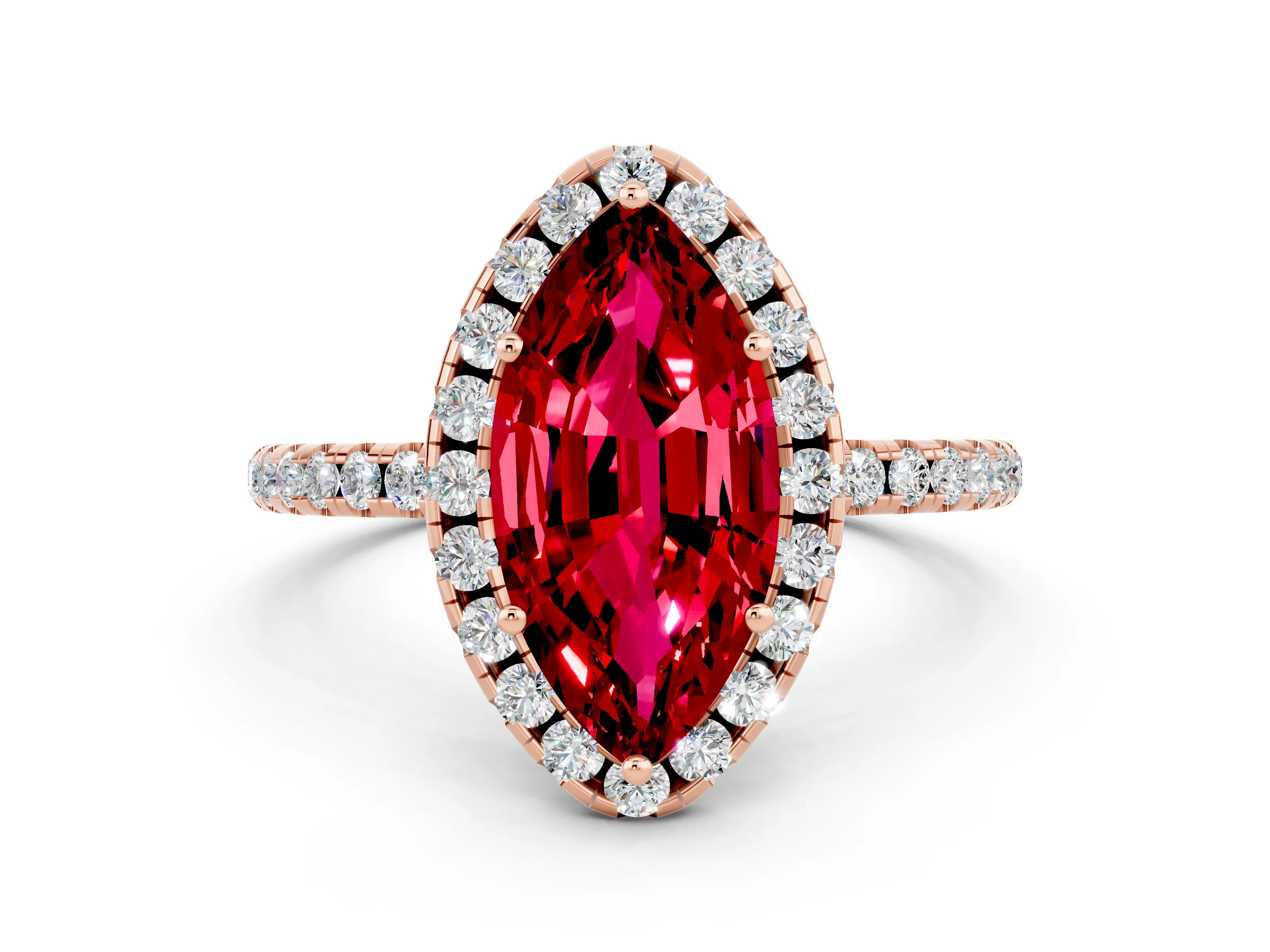 Rose gold Marquise Cut Cut Diamond Floral Halo Engagement Ring with Pavé Band and Prong Setting