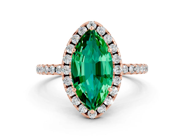 Rose gold Marquise Cut Emerald Halo Engagement Ring with Round Pavé Band and Prong Setting