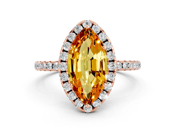 Rose gold Marquise Cut Citrine Halo Engagement Ring with Round Pavé Band and Prong Setting