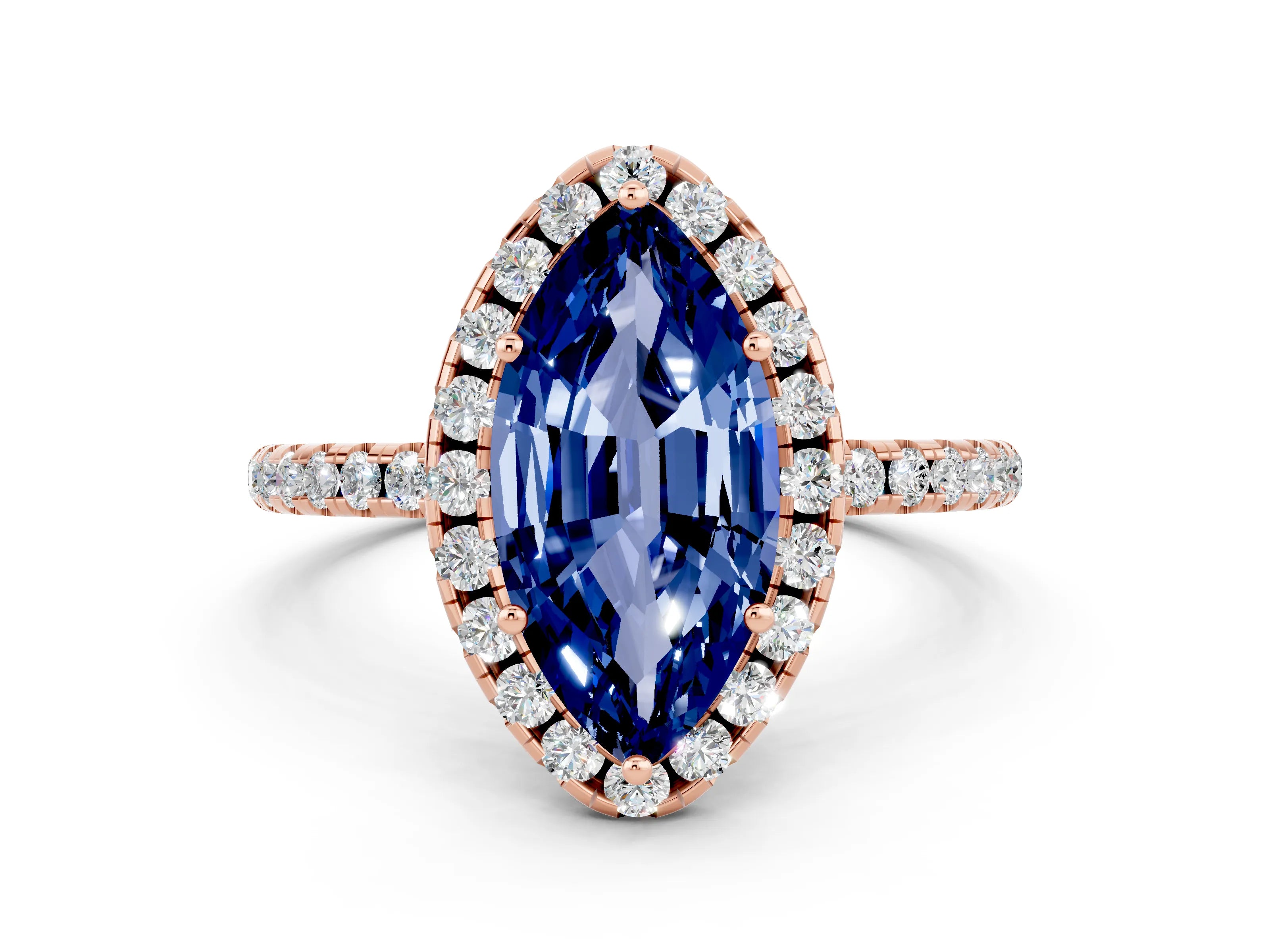Rose gold Marquise Cut Cut Diamond Floral Halo Engagement Ring with Pavé Band and Prong Setting