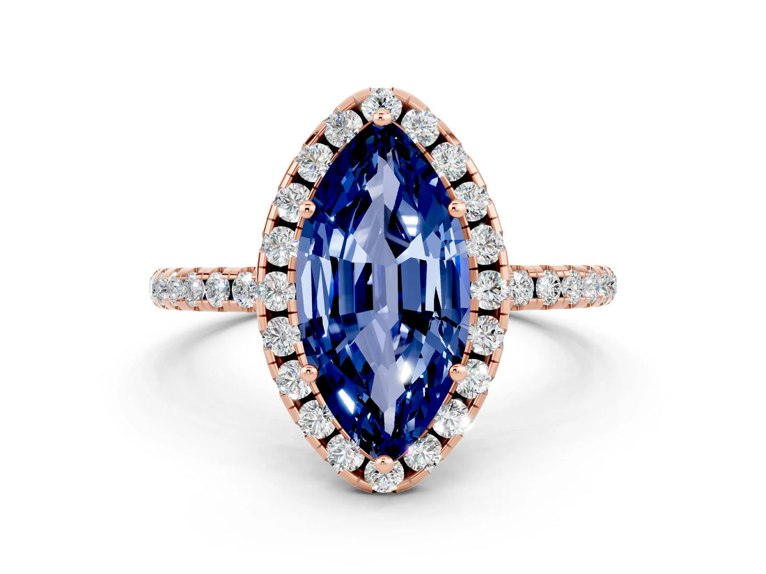 Rose gold Marquise Cut Cut Diamond Floral Halo Engagement Ring with Pavé Band and Prong Setting