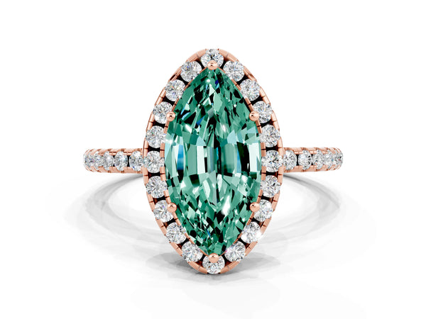 Rose gold Marquise Cut Green Sapphire Halo Engagement Ring with Round Pavé Band and Prong Setting