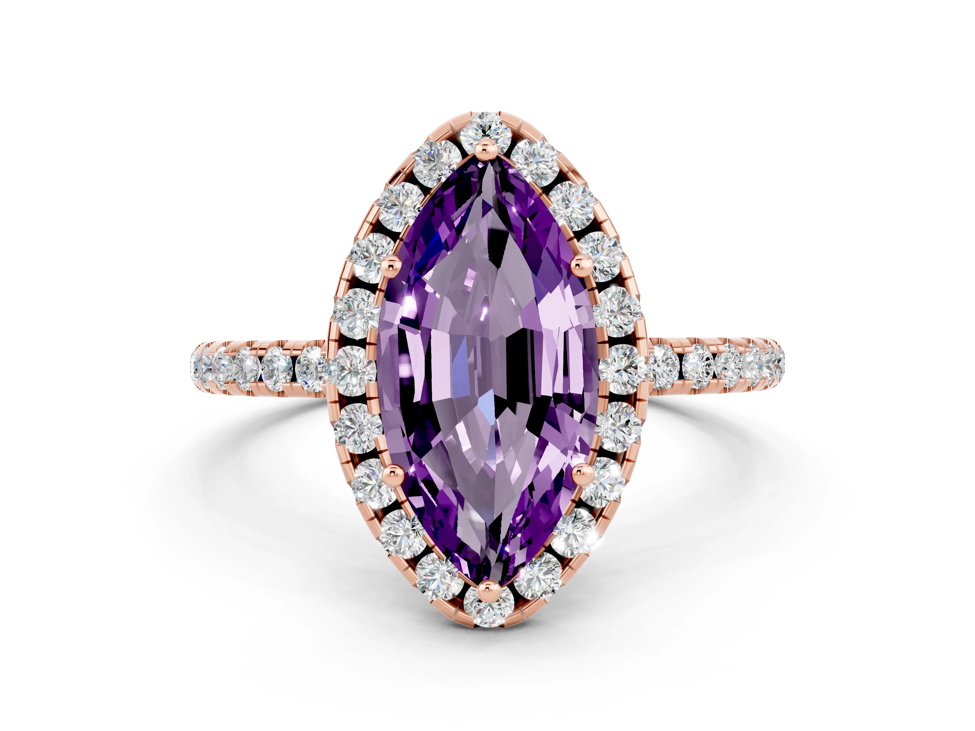Rose gold Marquise Cut Cut Diamond Floral Halo Engagement Ring with Pavé Band and Prong Setting