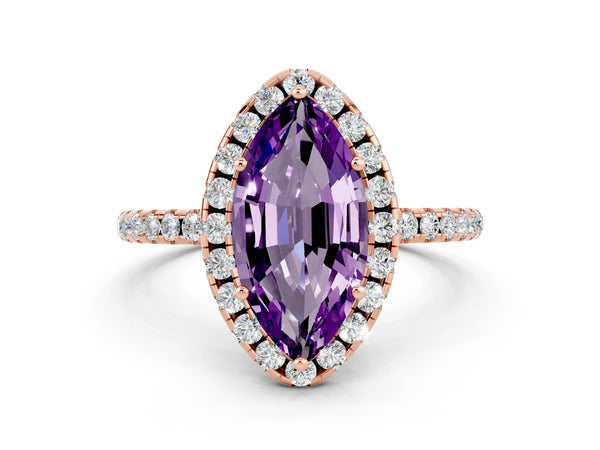 Rose gold Marquise Cut Amethyst Halo Engagement Ring with Round Pavé Band and Prong Setting