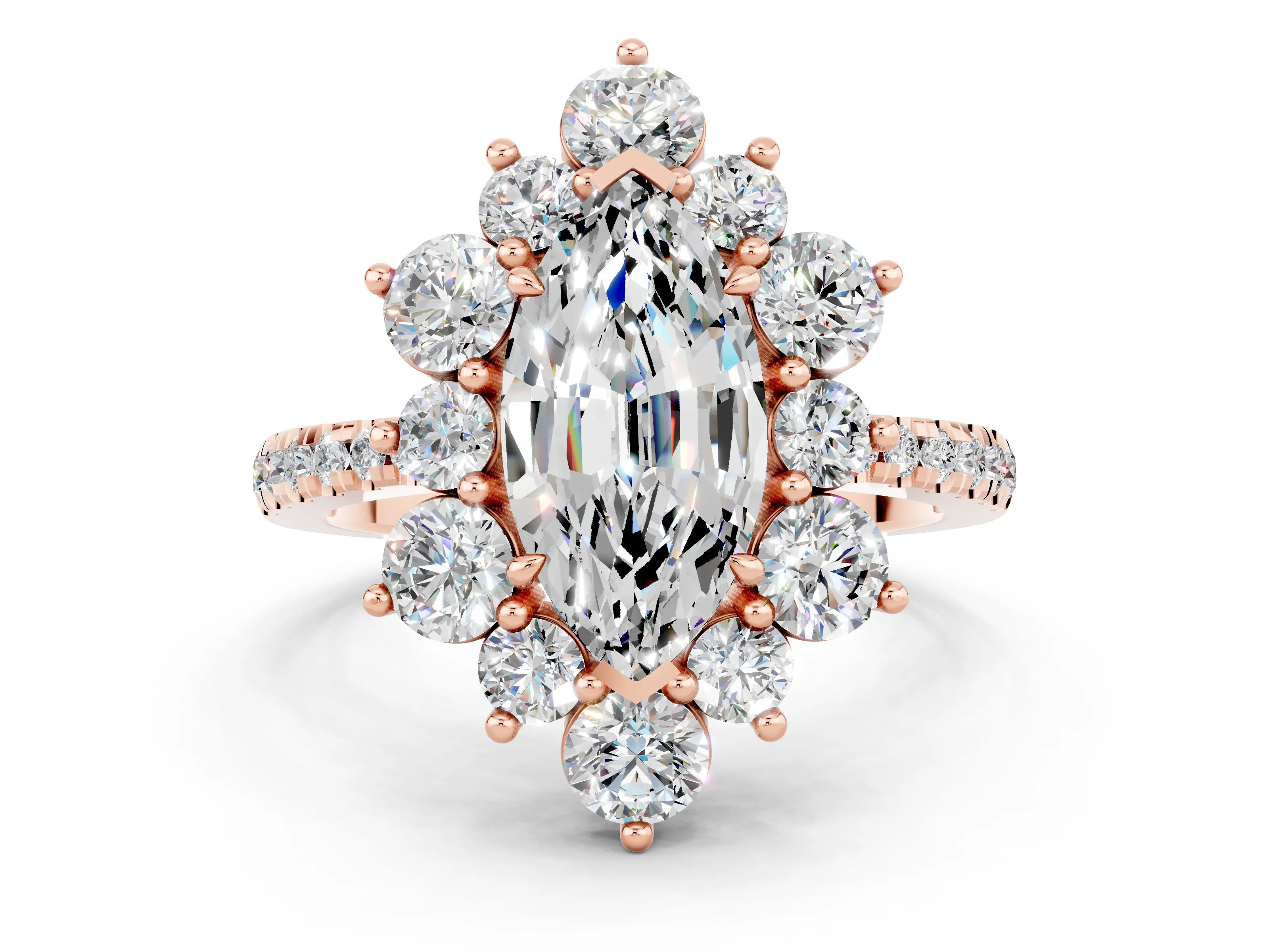 Rose gold Marquise Cut Cut Diamond Floral Halo Pave Band with Prong Setting