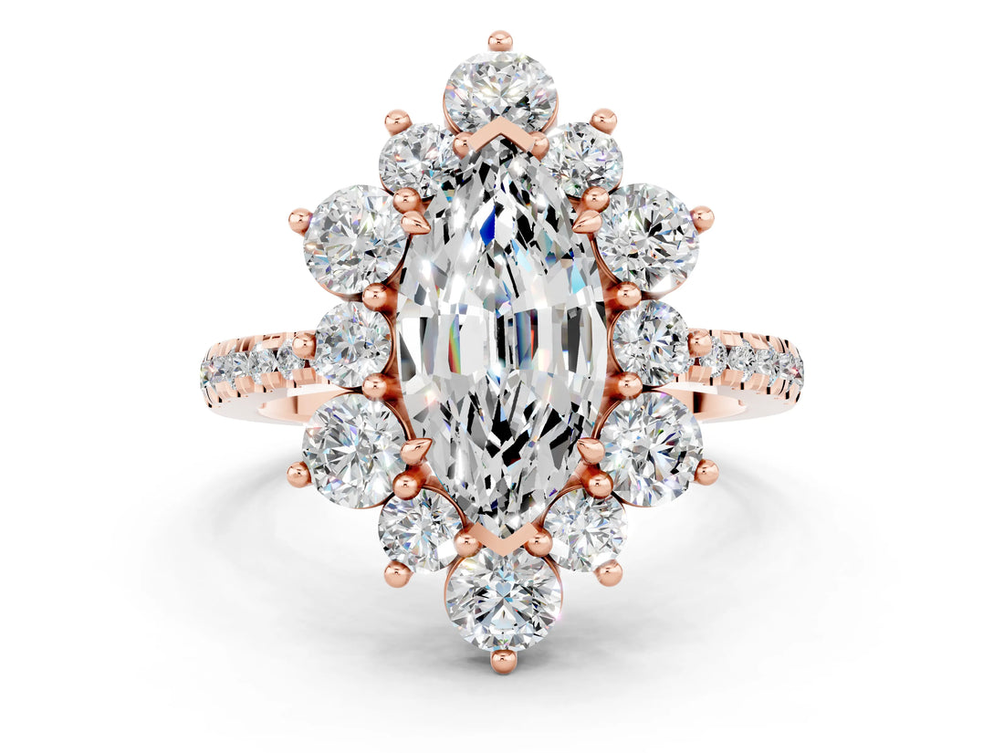 Rose gold Marquise Cut Cut Diamond Floral Halo Pave Band with Prong Setting