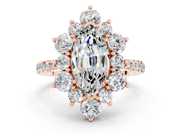 Rose gold Marquise Cut Moissanite Floral Halo Ring with Round Pavé Band and Prong Setting