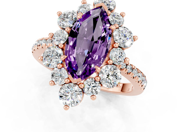 Rose gold Marquise Cut Amethyst Floral Halo Ring with Round Pavé Band and Prong Setting
