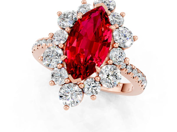 Rose gold Marquise Cut Ruby Floral Halo Ring with Round Pavé Band and Prong Setting