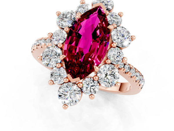 Rose gold Marquise Cut Garnet Floral Halo Ring with Round Pavé Band and Prong Setting