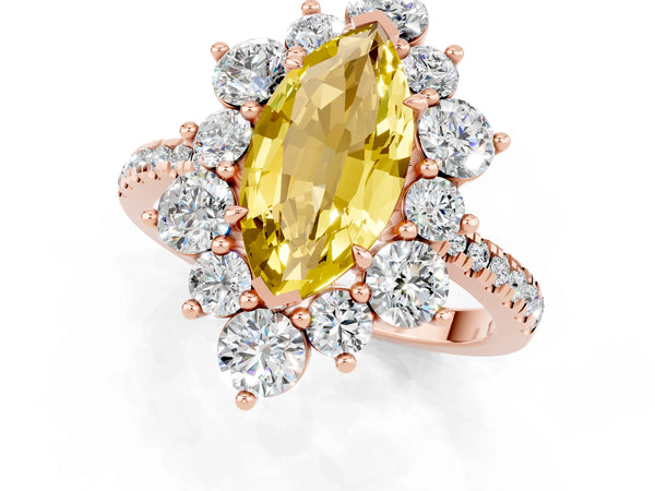 Rose gold Marquise Cut Yellow Sapphire Floral Halo Ring with Round Pavé Band and Prong Setting